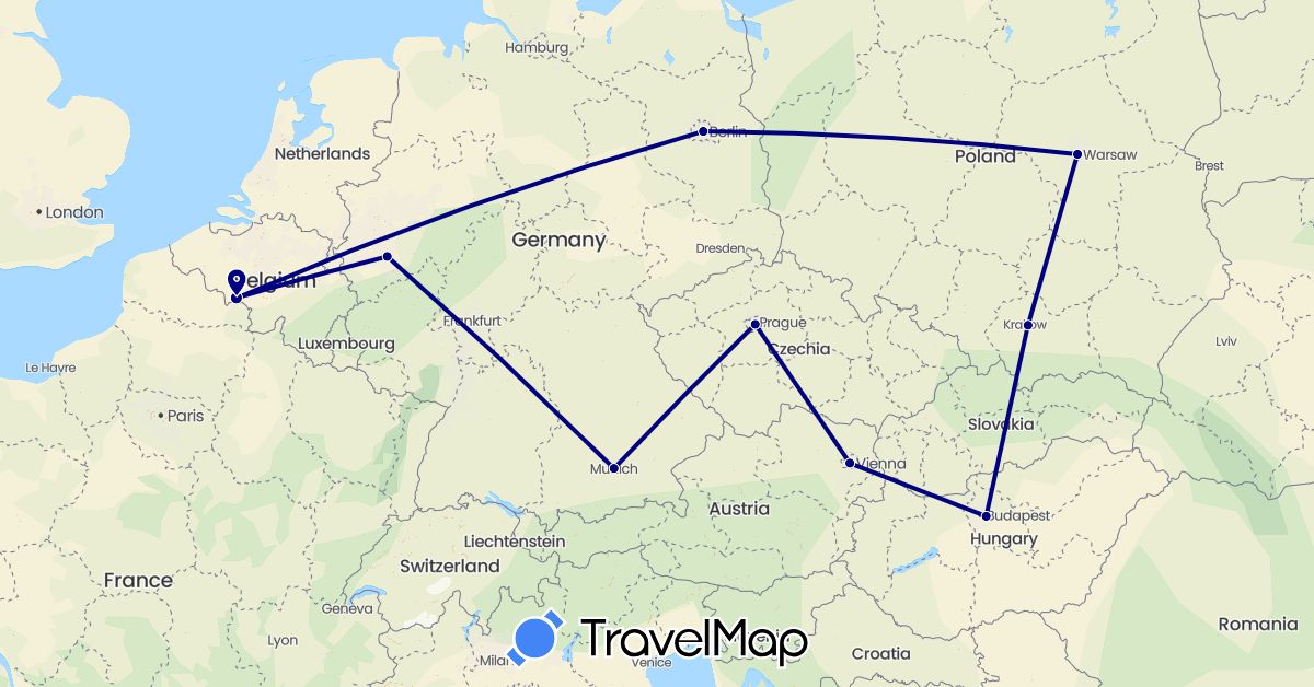 TravelMap itinerary: driving in Austria, Belgium, Czech Republic, Germany, Hungary, Poland (Europe)
